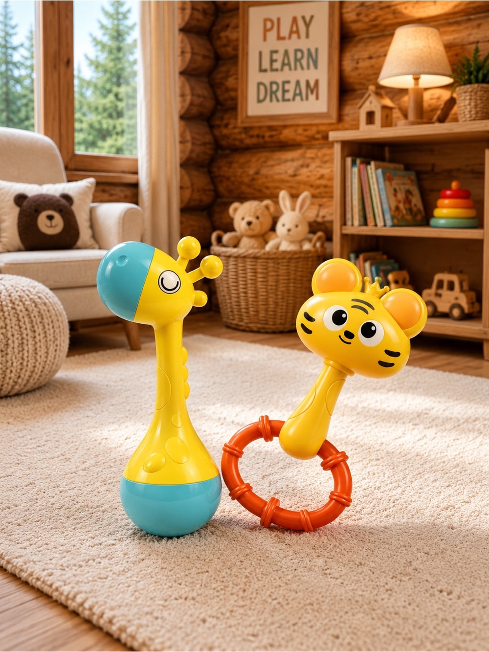 Yellow Baby Rattle Set with Blue & Orange Accents